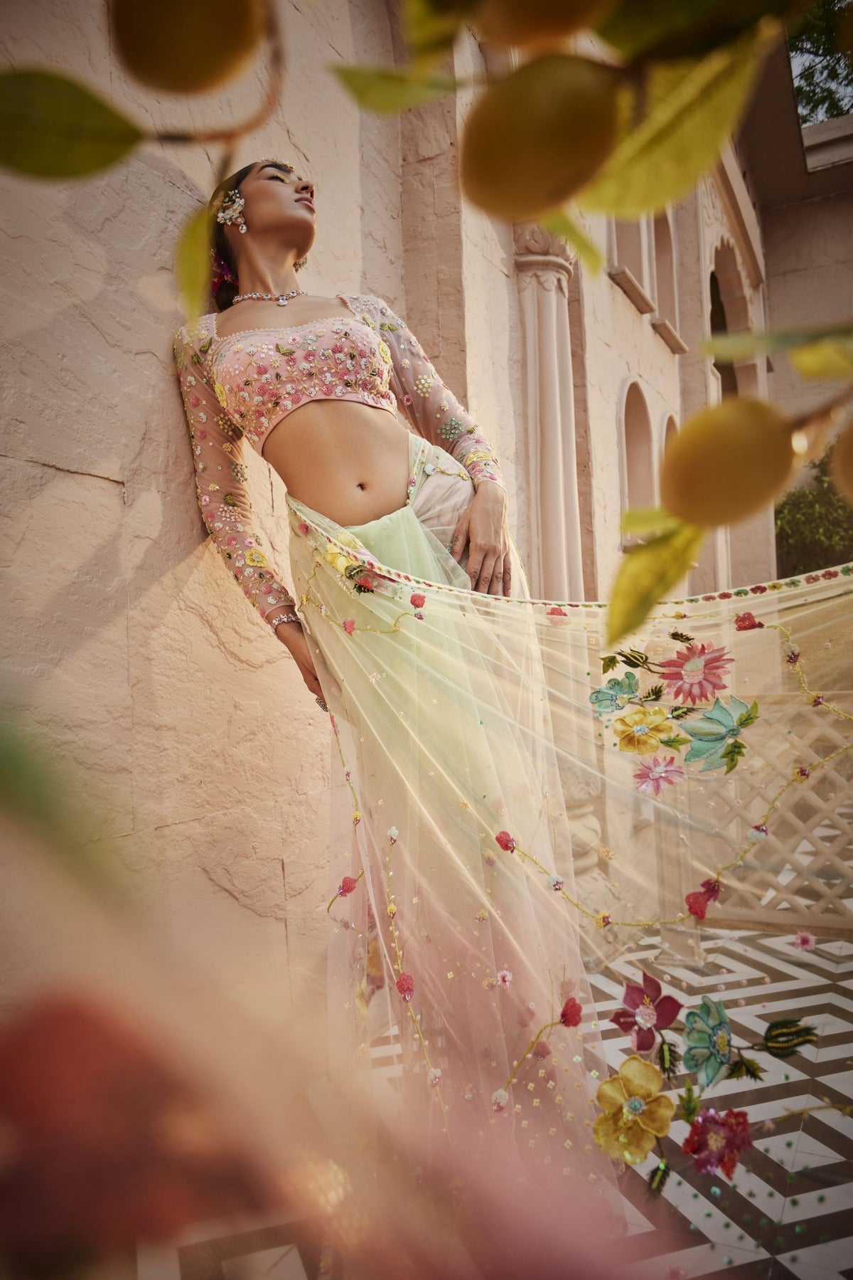 Mint and Pink Floral Embroidered Saree Paired with Blouse