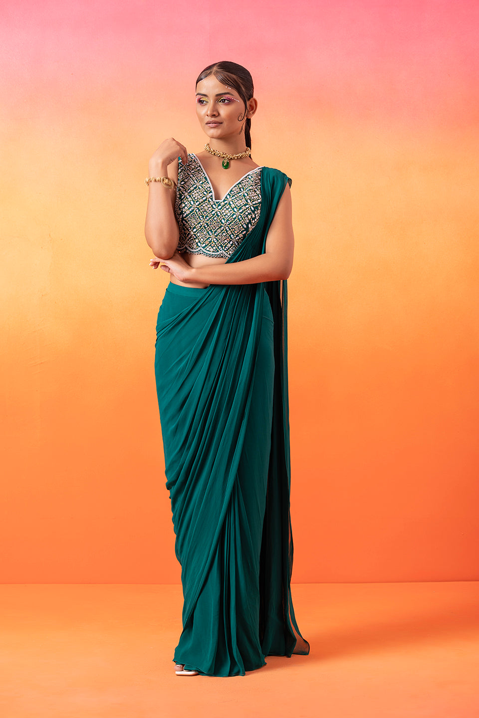 Emerald Green Pre-Stitched Saree