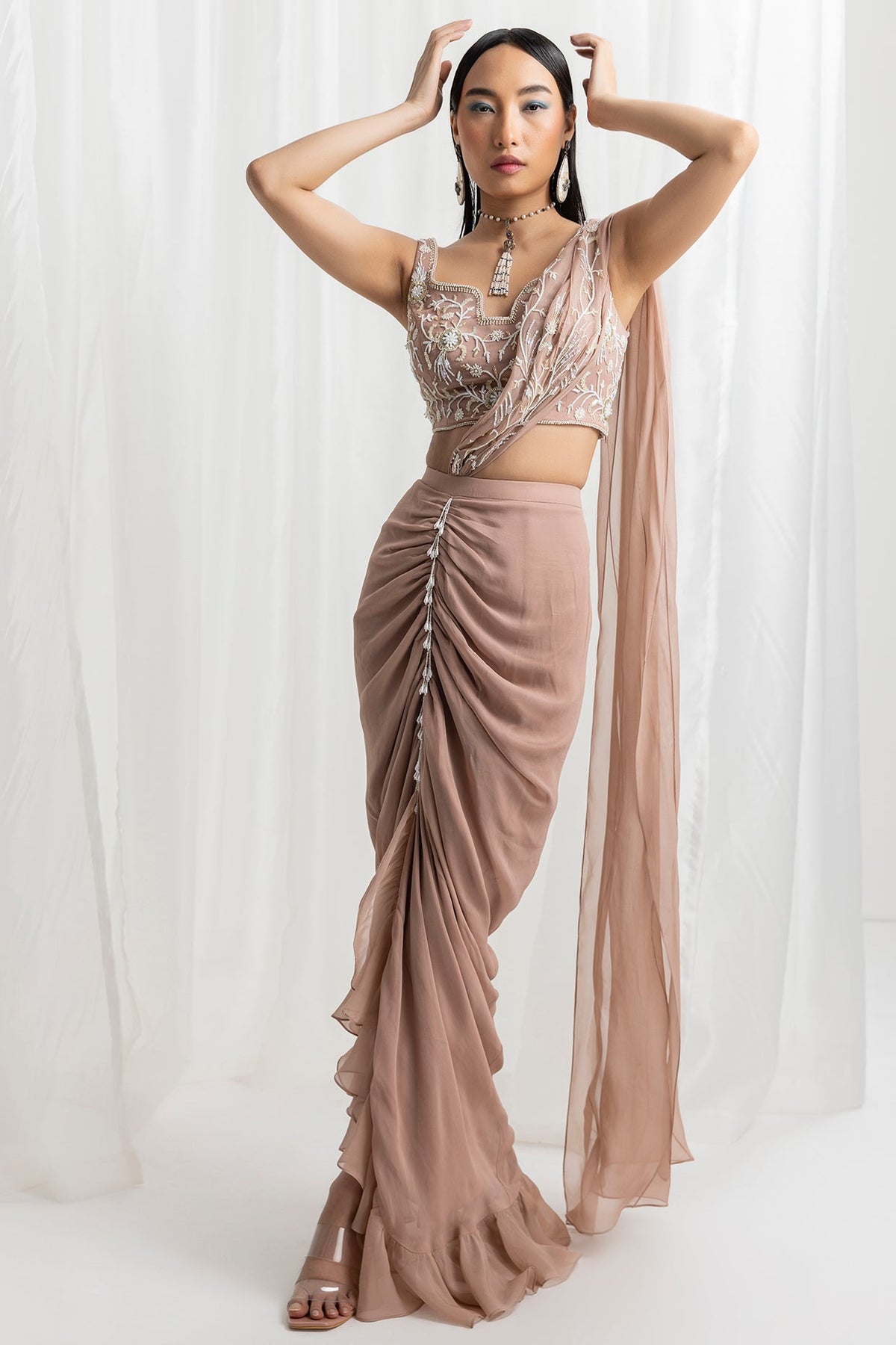 Dusty Pink Georgette & Organza Embellished Pre-Stitched Saree Set