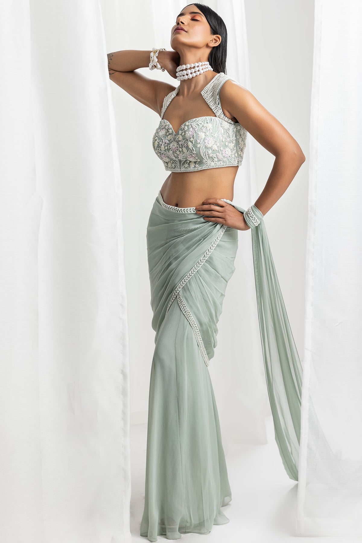 Sage Green Georgette Embellished Pre-Draped Saree Set