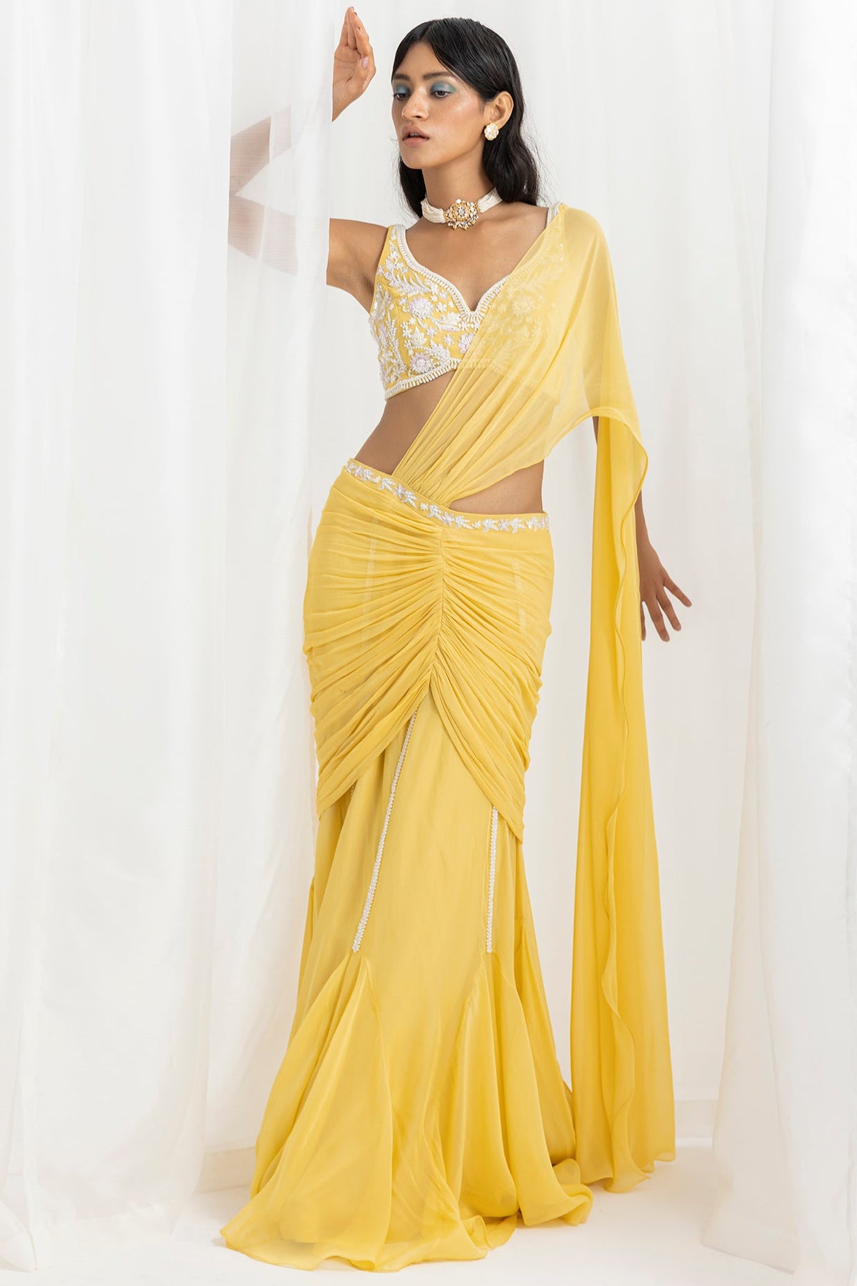 Yellow Organza & Georgette Embellished Pre-Stitched Flared Saree Set