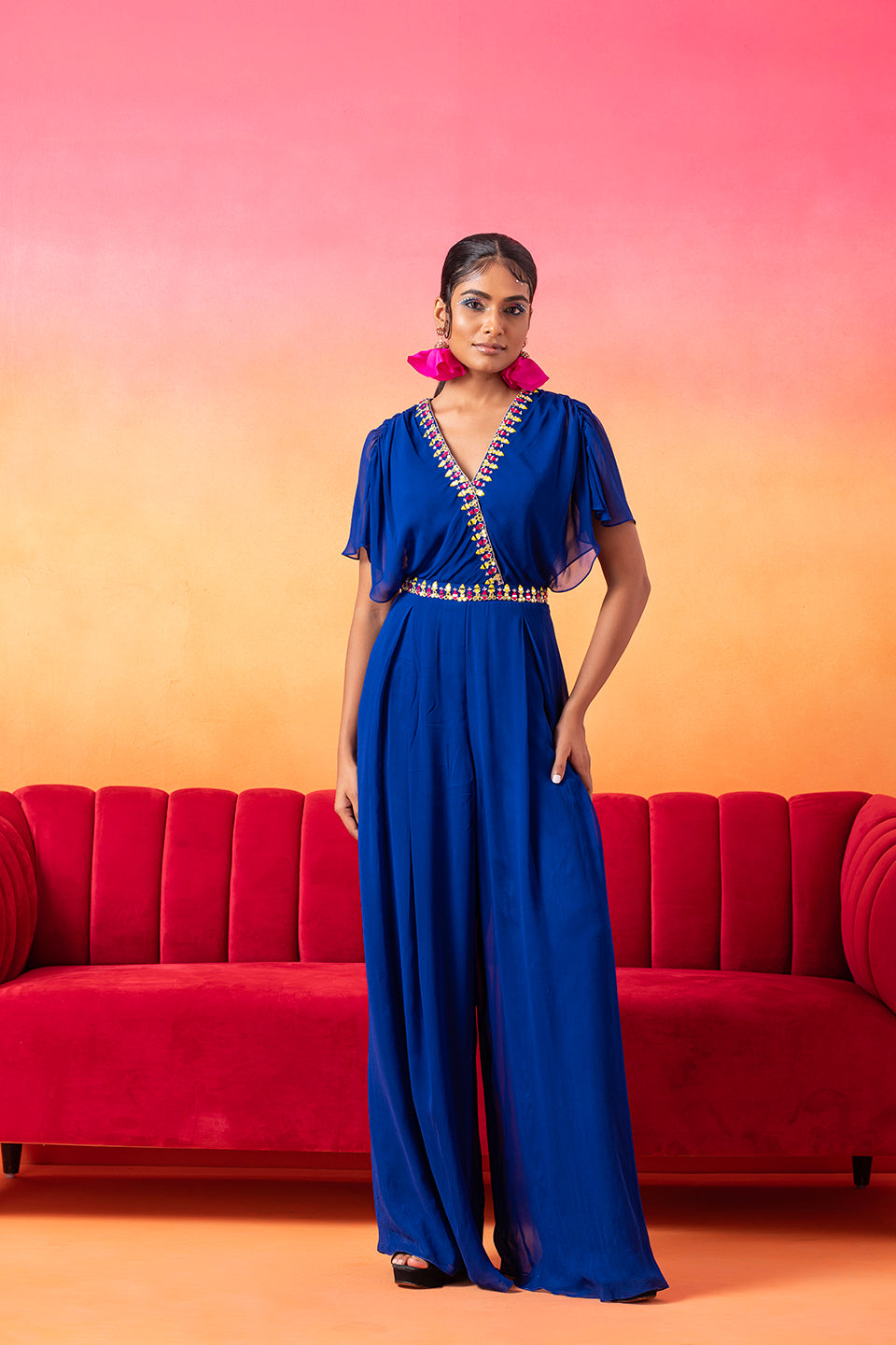 Electric Blue Pre-Draped Jumpsuit.