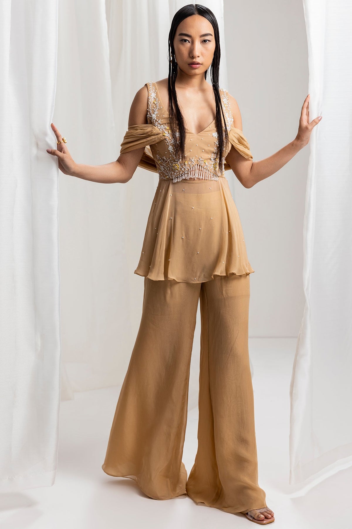 Dune Gold Organza & Crepe Flared Pant Set