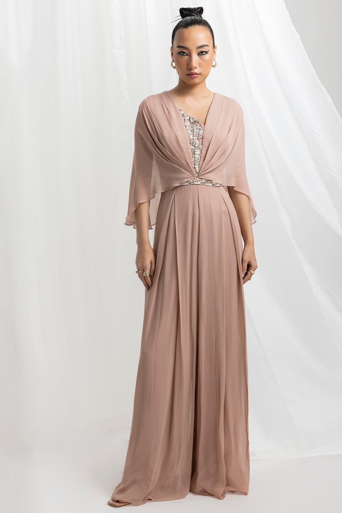 Dusty Pink Georgette Embellished Draped Jumpsuit