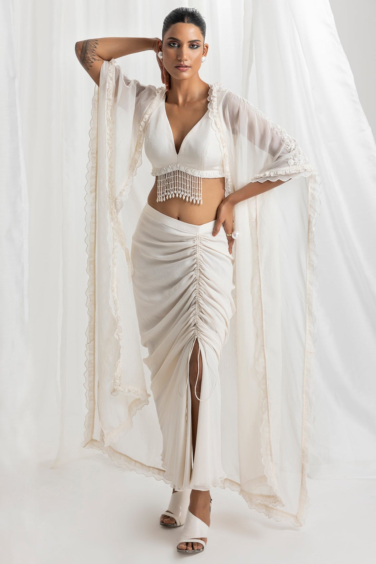 Ivory Georgette Cowl Skirt Set