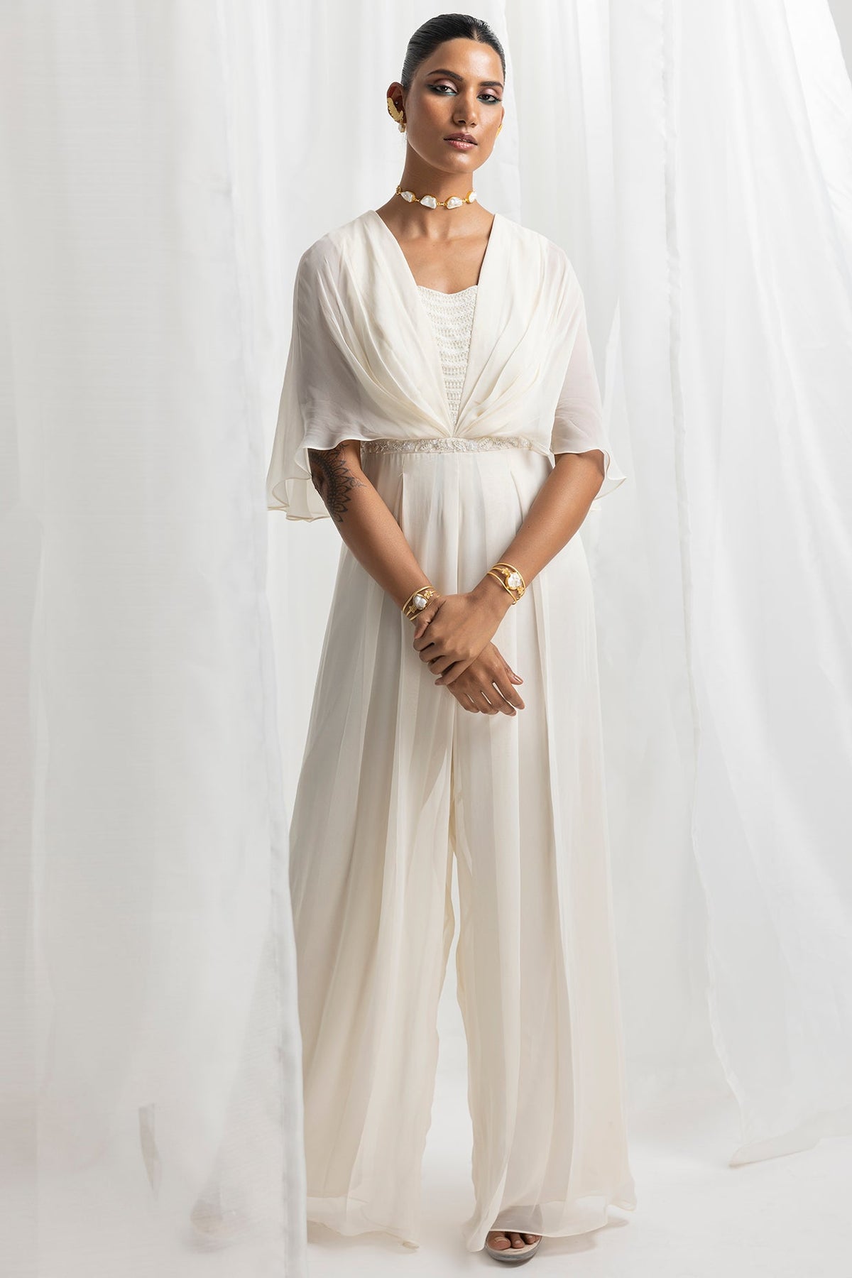 Ivory Georgette Embellished Draped Jumpsuit