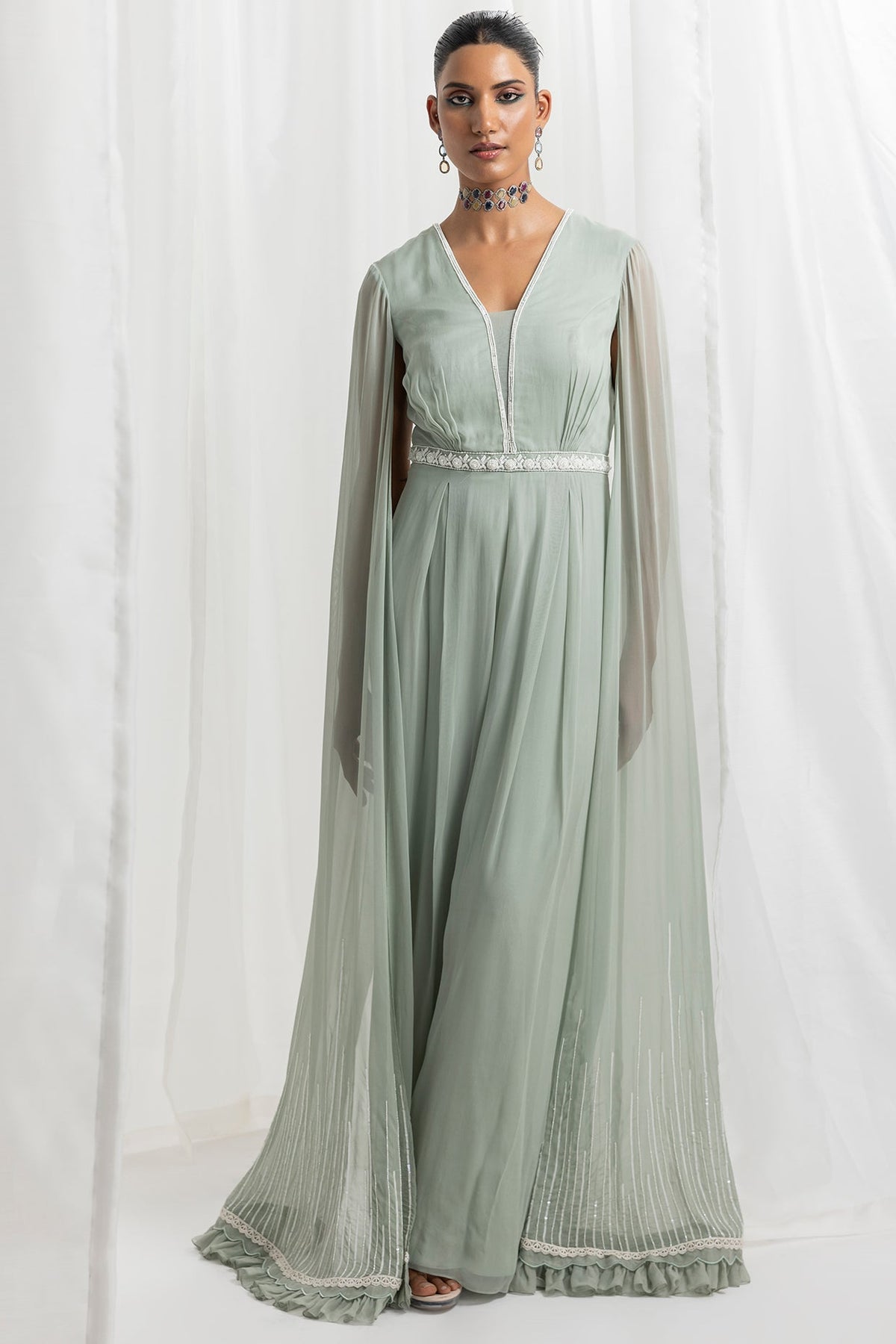 Sage Green Georgette Embellished Pleated Jumpsuit