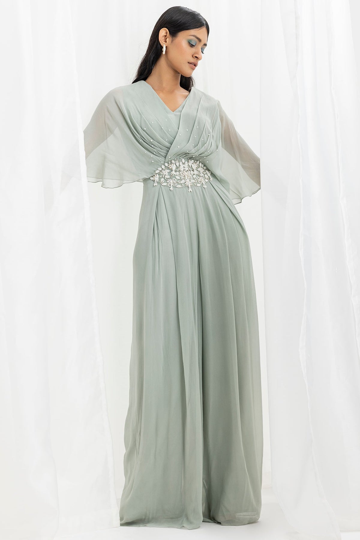 Sage Green Georgette Embellished Draped Jumpsuit