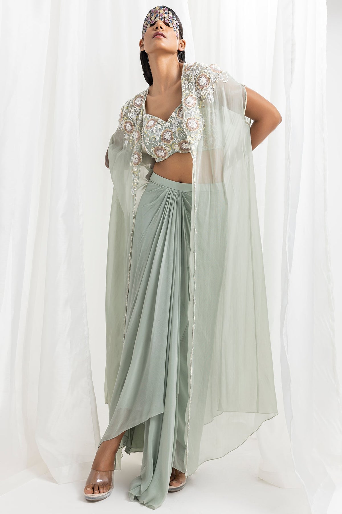 Sage Green Georgette Embellished Draped Skirt Set