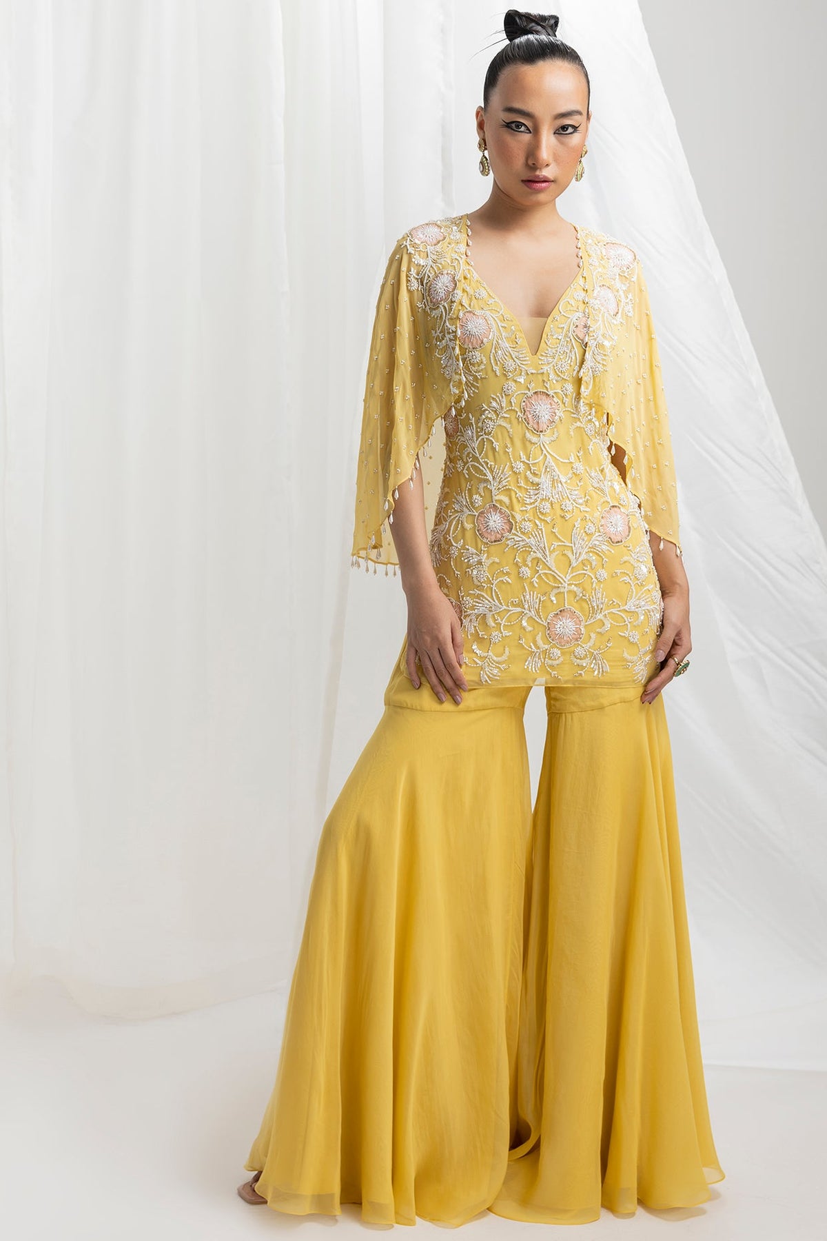 Yellow Organza & Crepe Gharara Set