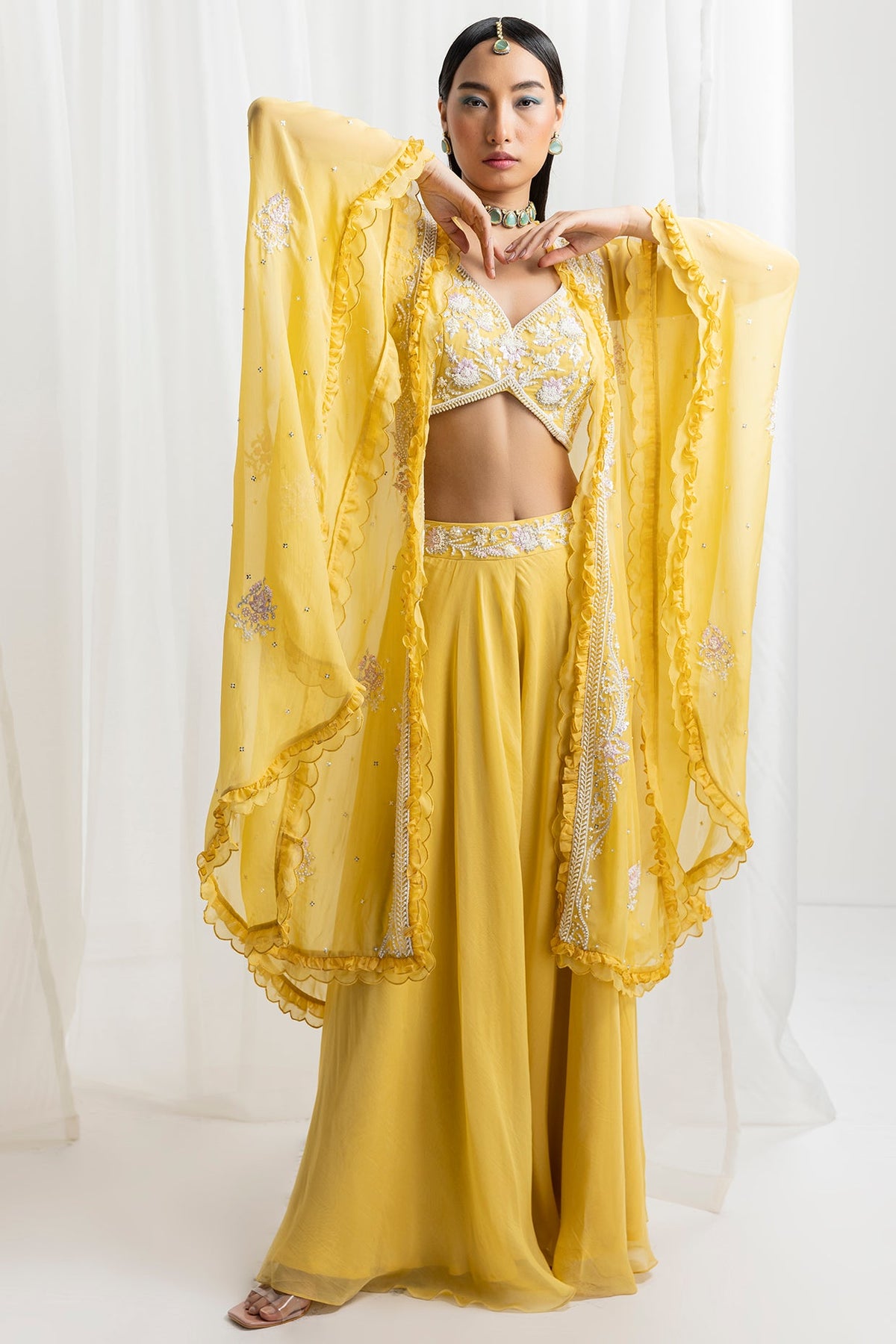 Yellow Organza & Crepe Sharara Set