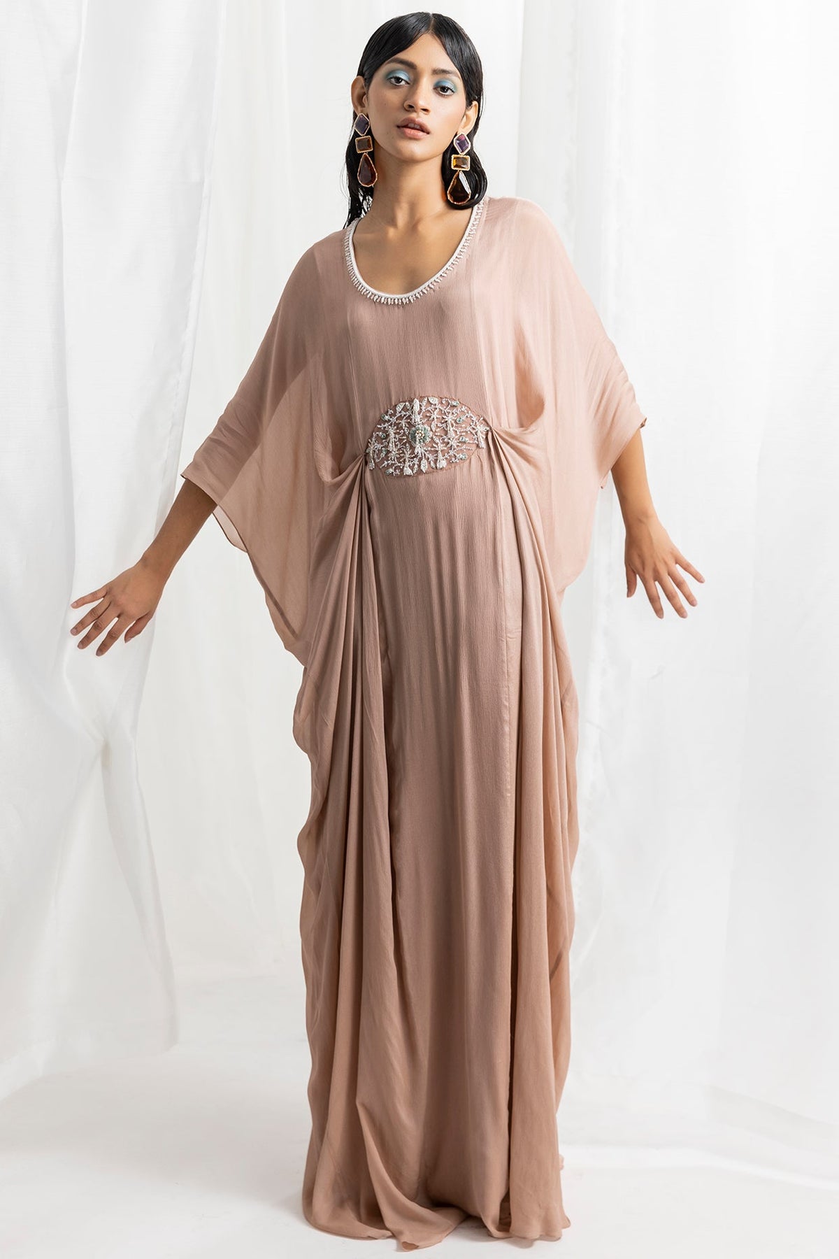 Dusty Pink Chiffon Embellished Kaftan