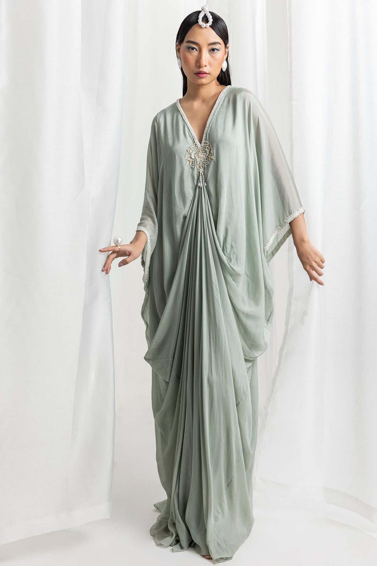 Sage Green Chiffon Embellished Draped Kaftan