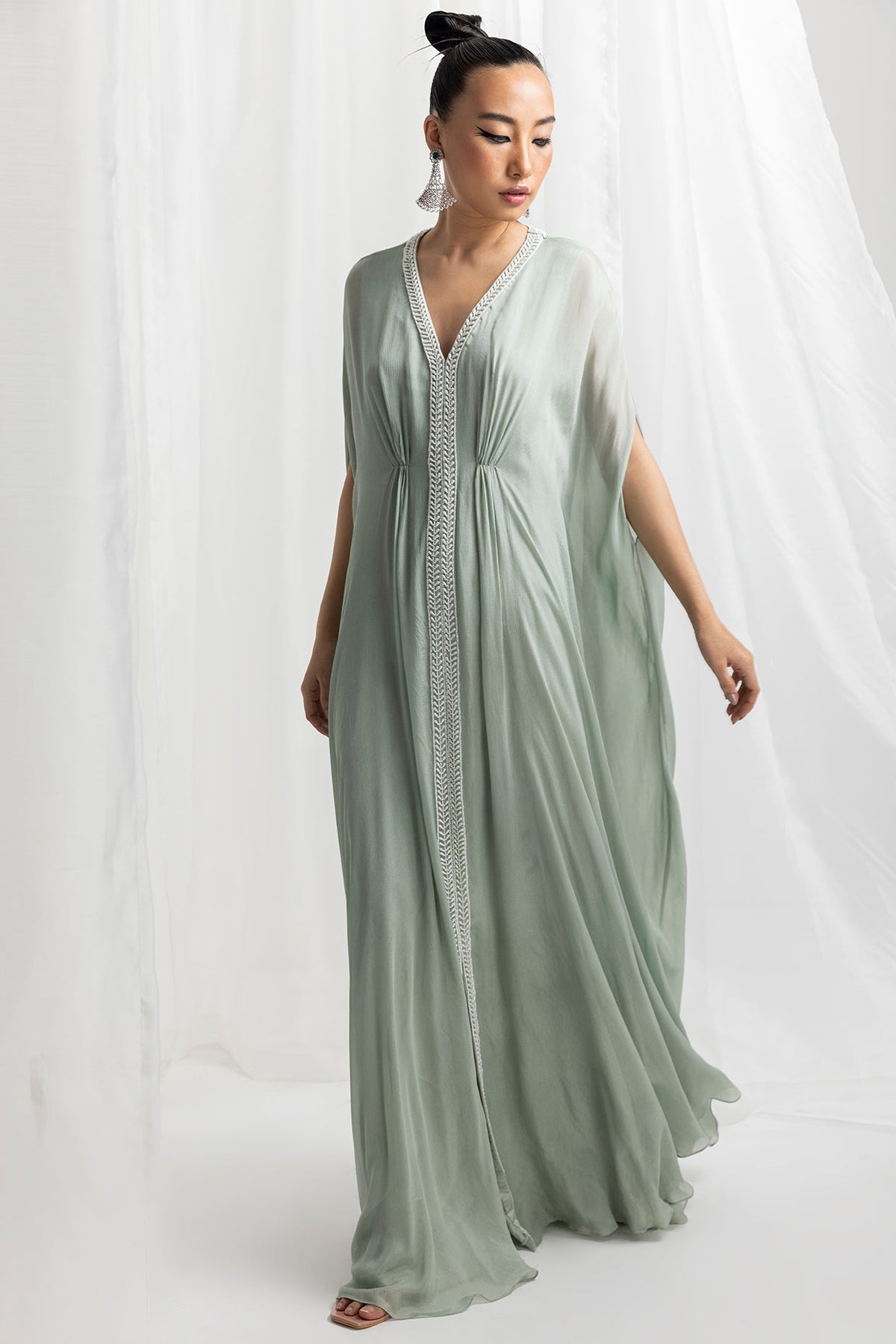 Sage Green Chiffon Embellished Pleated Kaftan