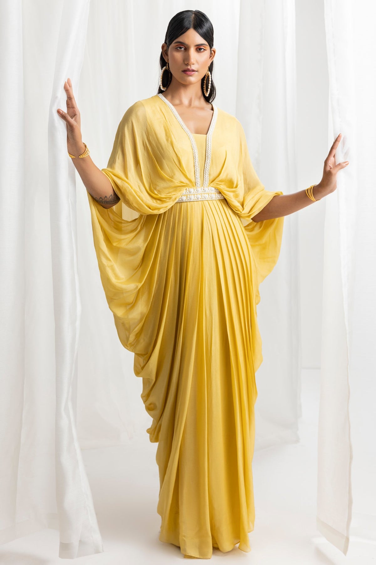 Yellow Chiffon Embellished Draped Cowl Kaftan