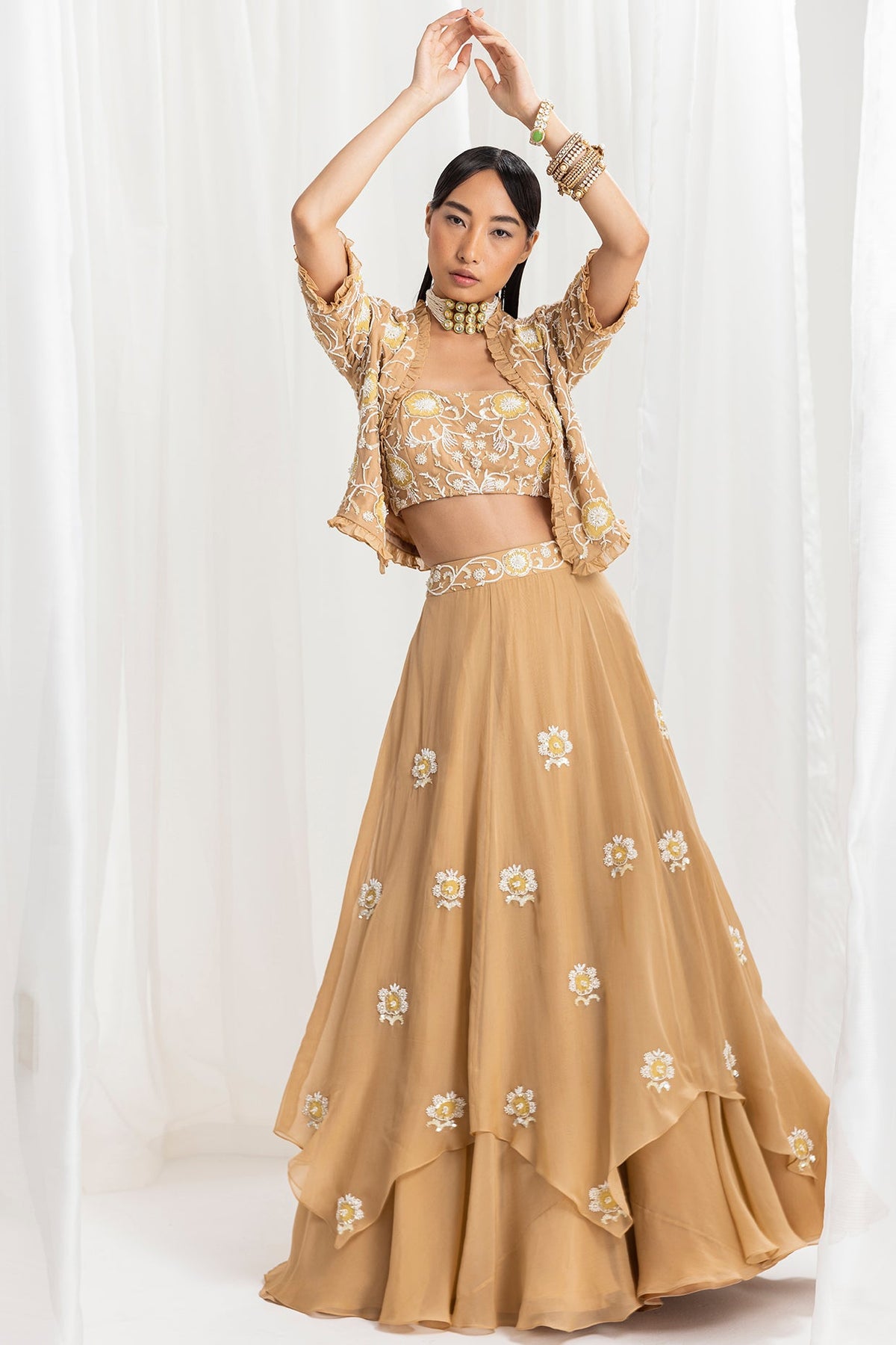 Dune Gold Organza Embellished Asymmetrical Ruffled Skirt Set