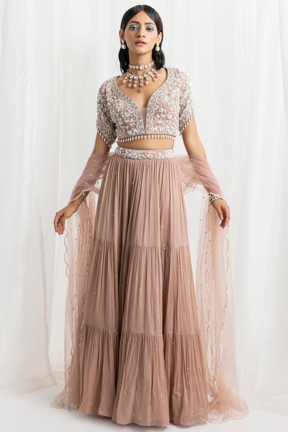 Dusty Pink Chiffon Embellished Tiered Skirt Set