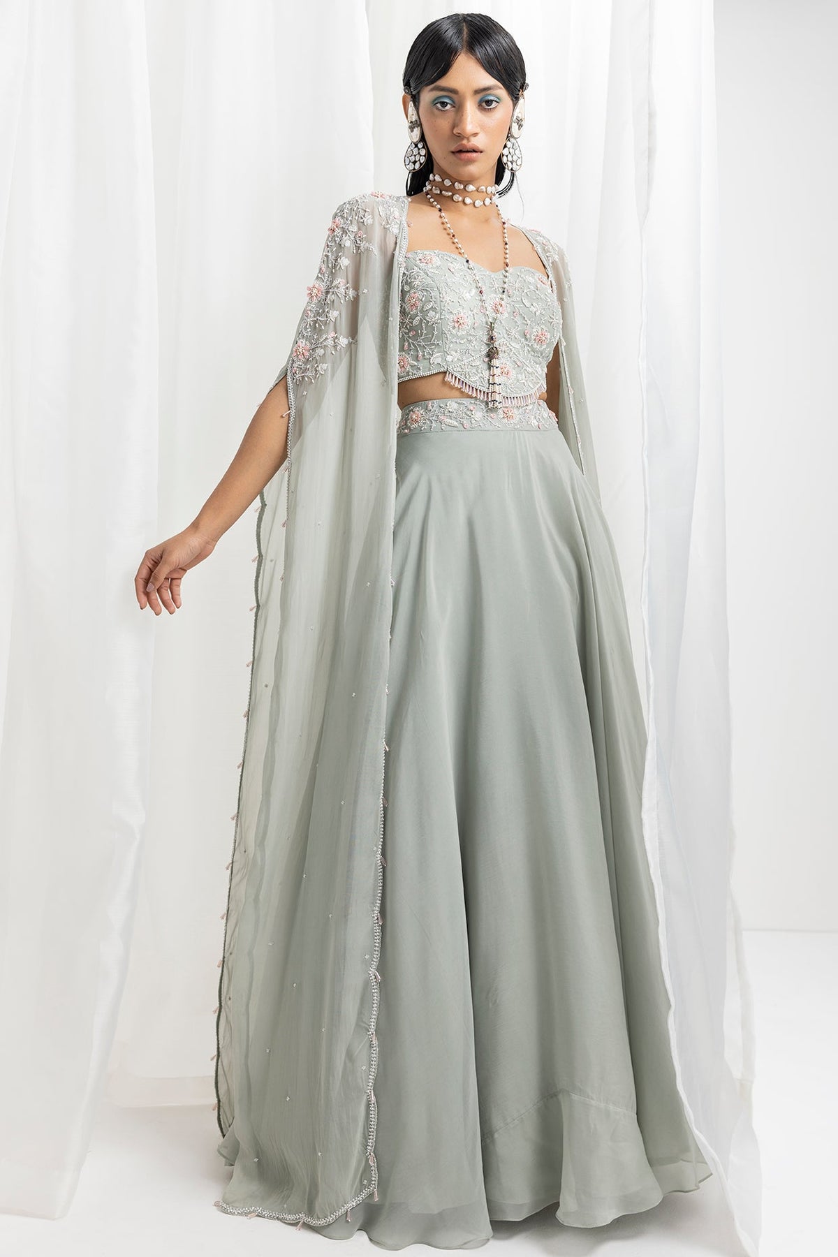 Sage Green Organza & Crepe Embellished Lehenga Set