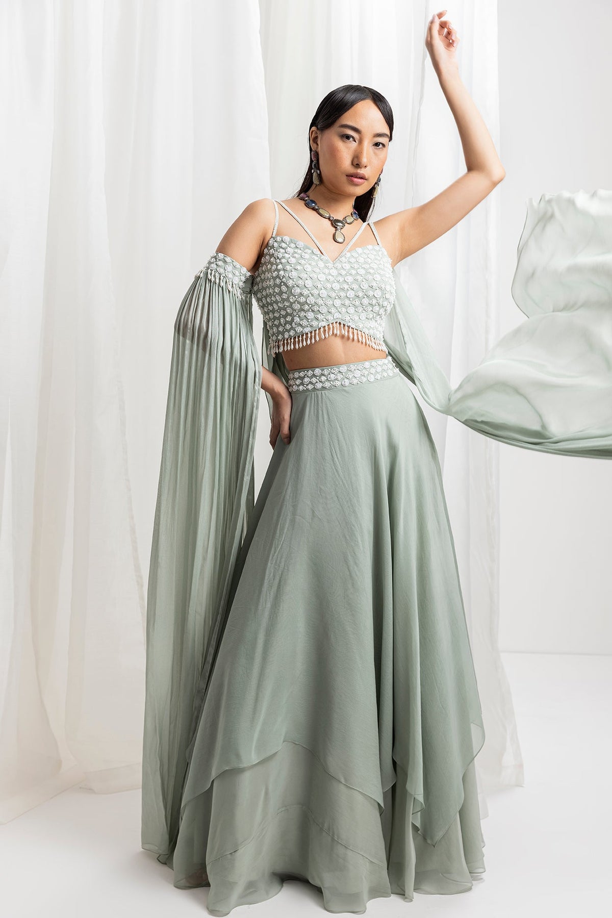 Sage Green Organza & Crepe Asymmetrical Skirt Set