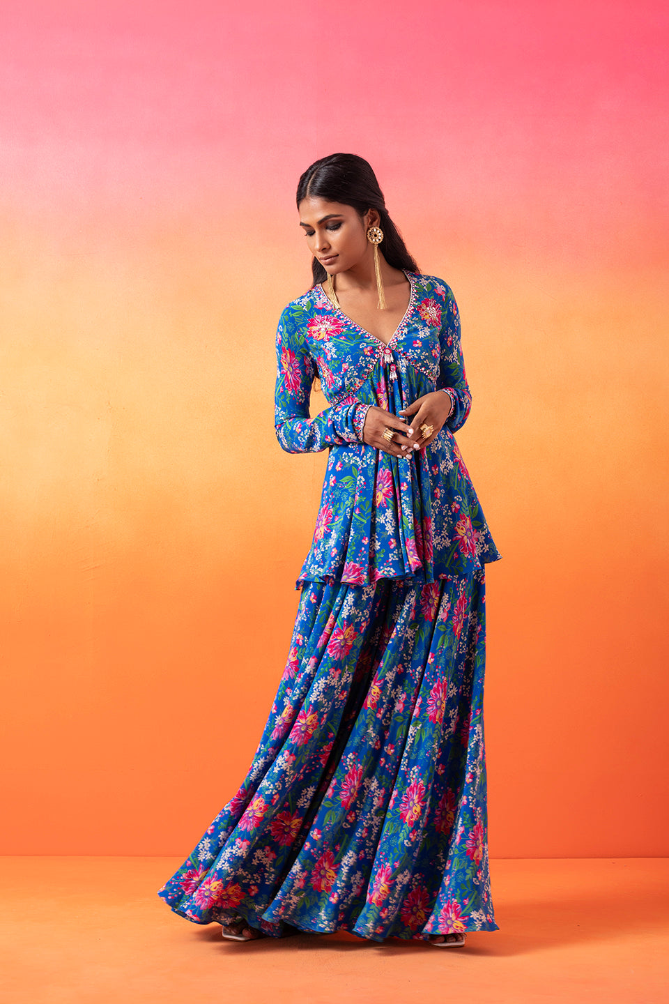 Electric Blue Printed Peplum Top And Sharara Set