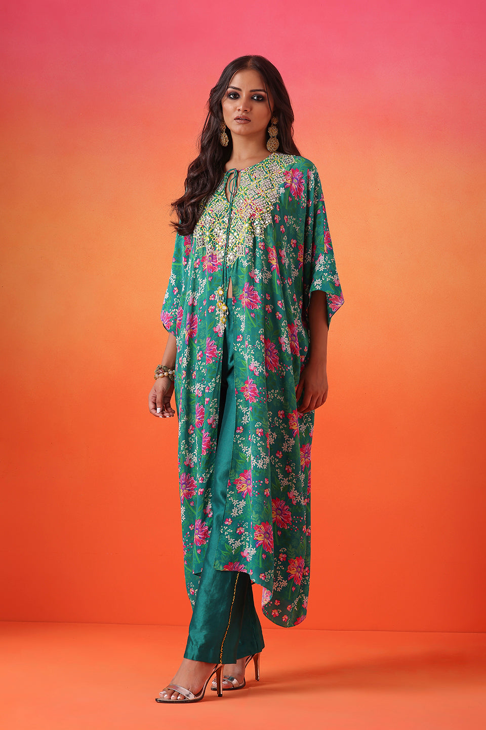 Emerald Green Printed Kaftan With Pants