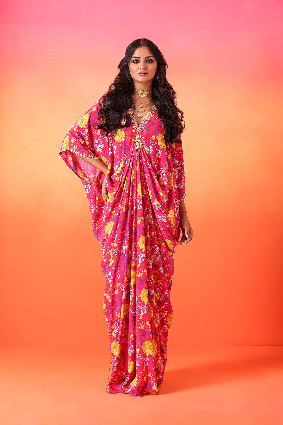 Fuchsia Pink Printed Kaftan