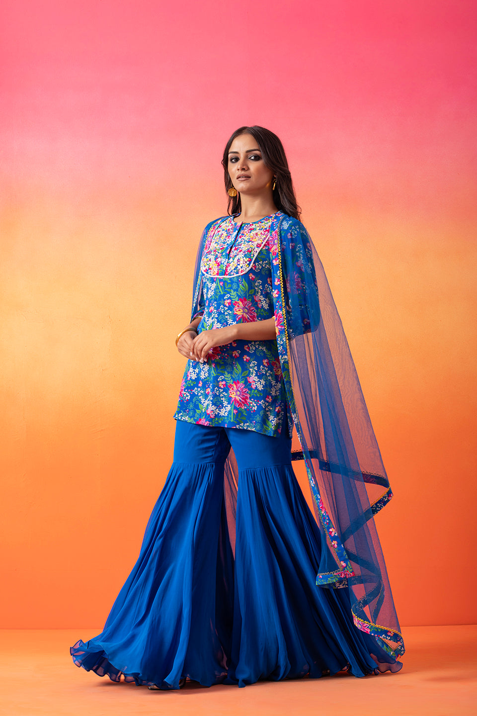 Electric Blue Printed Kurta And Gharara Set