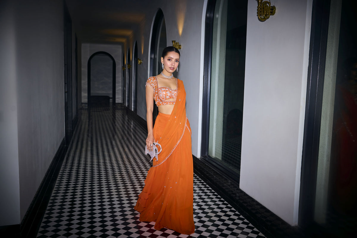 ORANGE PRE DRAPED SAREE