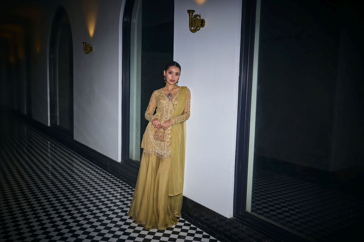 GOLD TONAL EMBROIDERED KURTA AND SHARARA