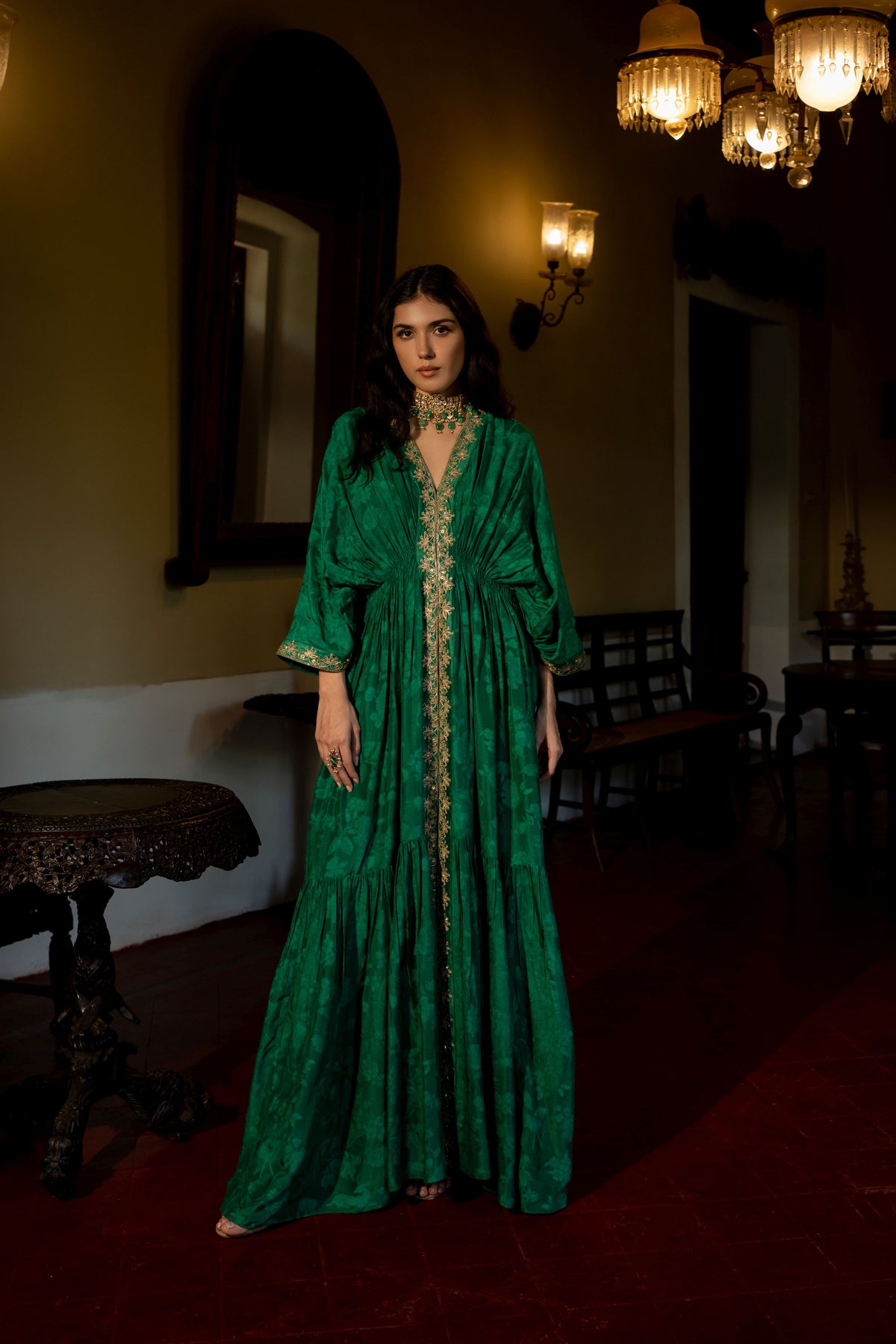 Emerald green self woven kaftan set