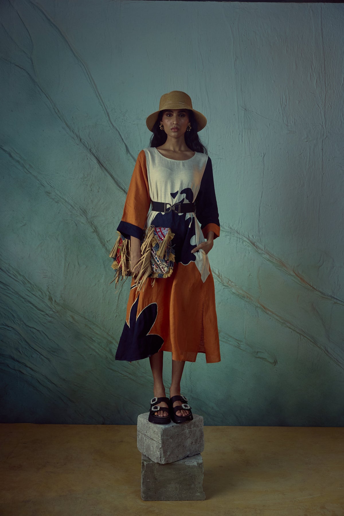 Orange and Navy Big Flower Embroidered Dress