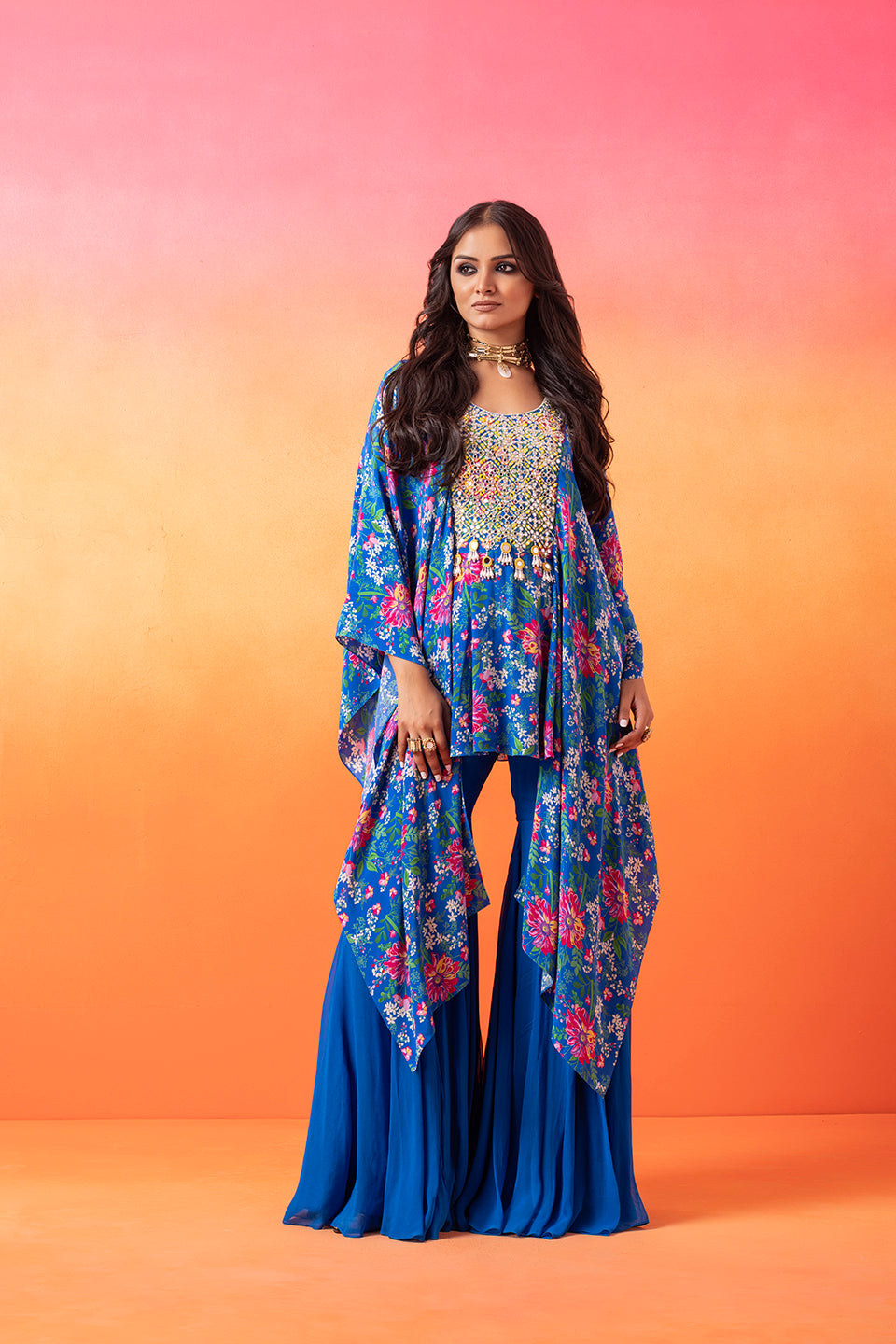 Electric Blue Printed Kaftan Top And Gharara