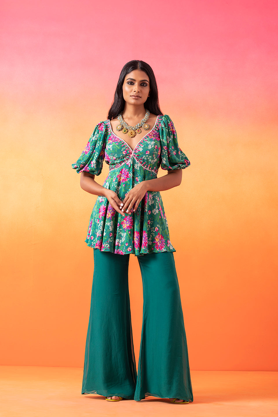 Emerald Green Printed Peplum Top With Flared Pants