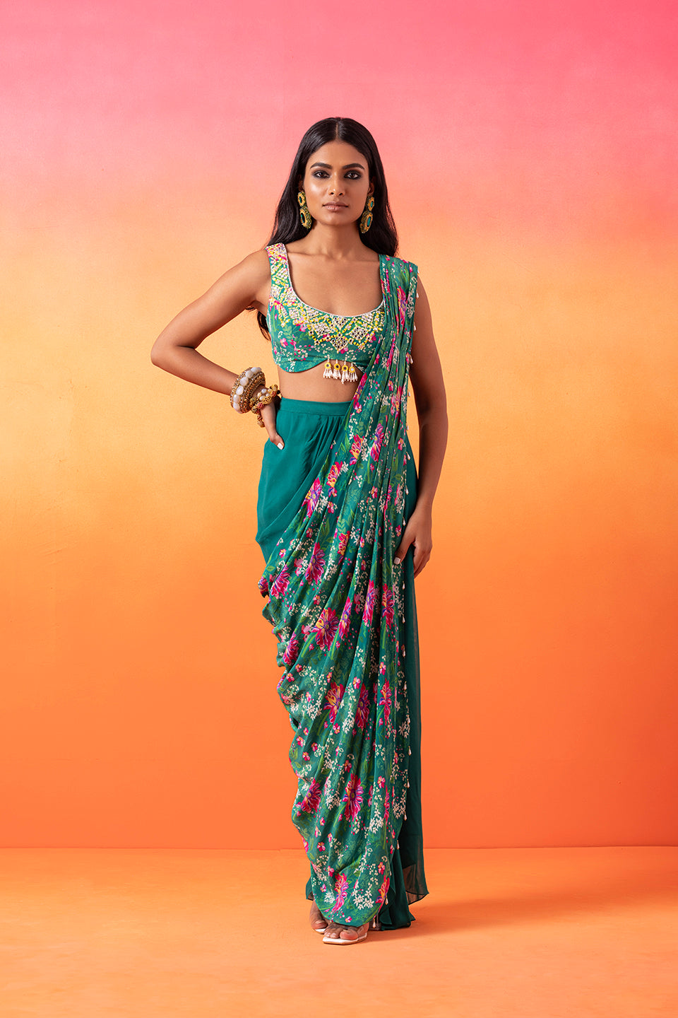 Emerald Green Printed Choli & Skirt Set