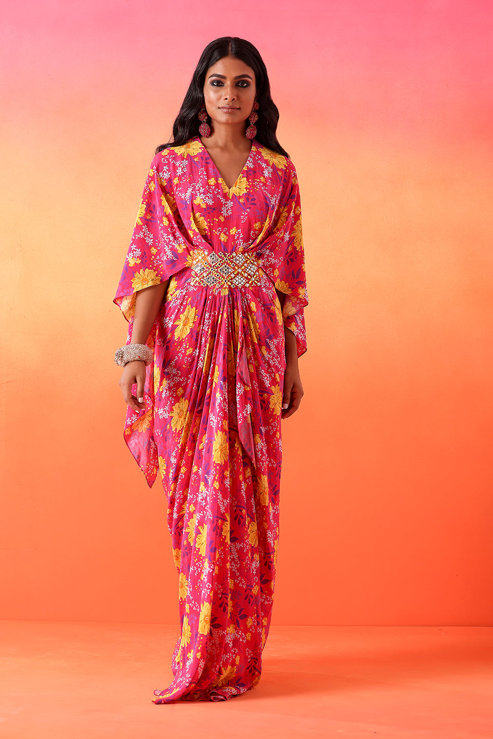 Fuchsia Pink Printed Full Length Dress