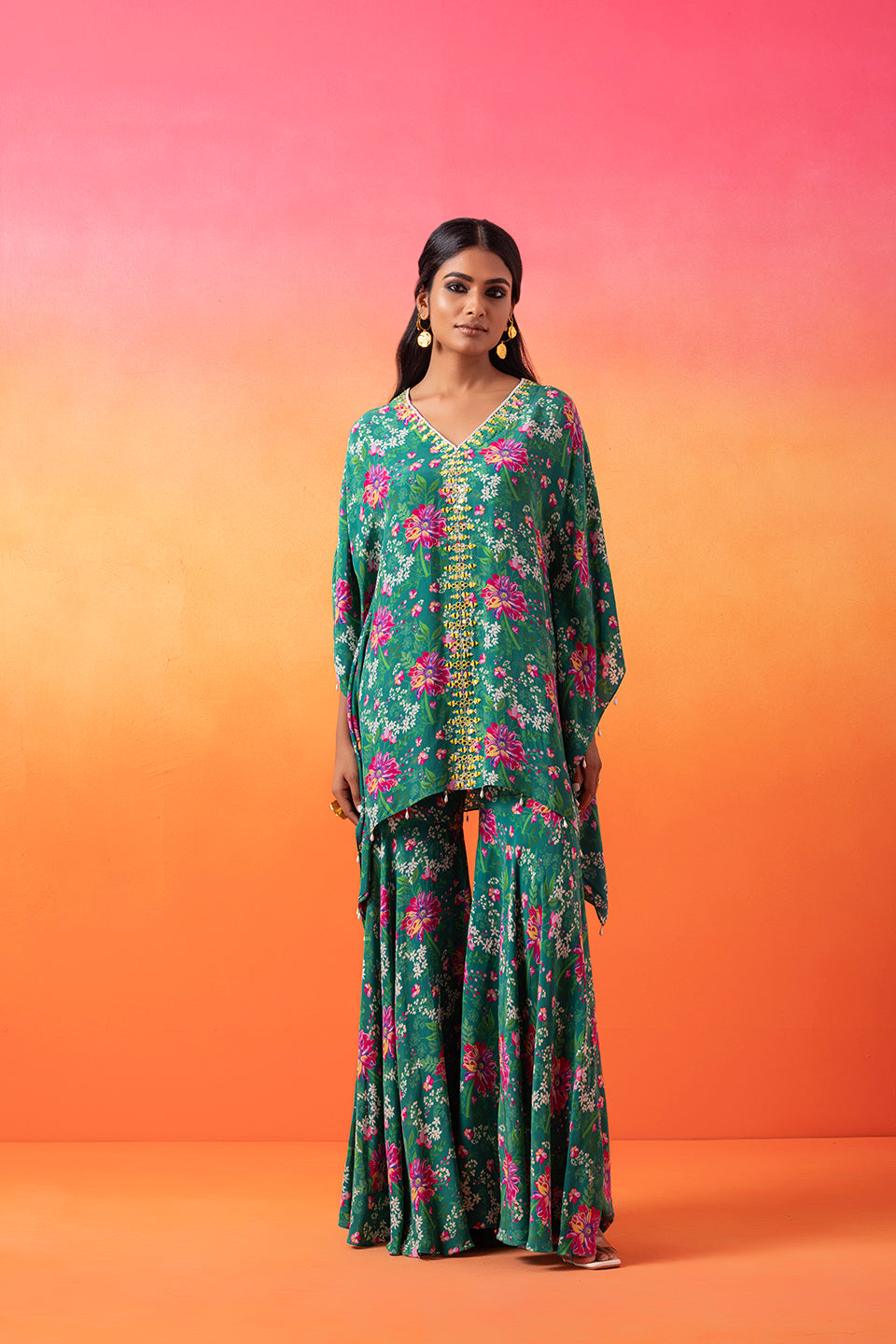 Emerald Green Printed Kaftan With Gharara